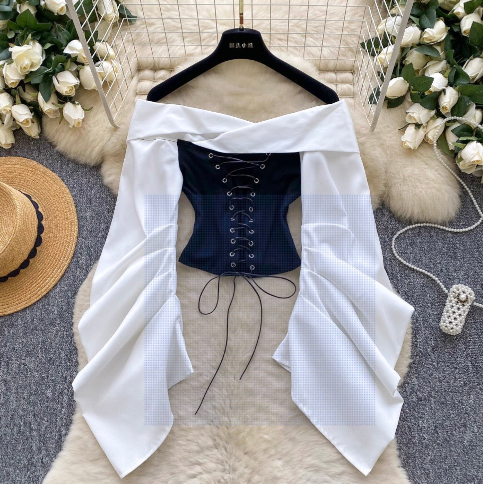 Off-shoulder Camouflage Print Lace-up Top