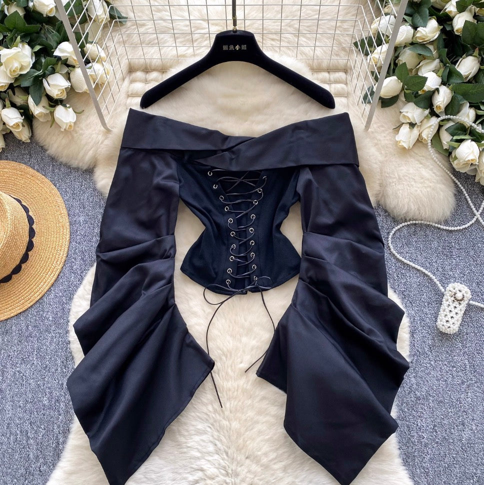 Off-shoulder Camouflage Print Lace-up Top