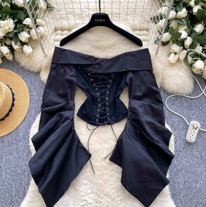 Off-shoulder Camouflage Print Lace-up Top