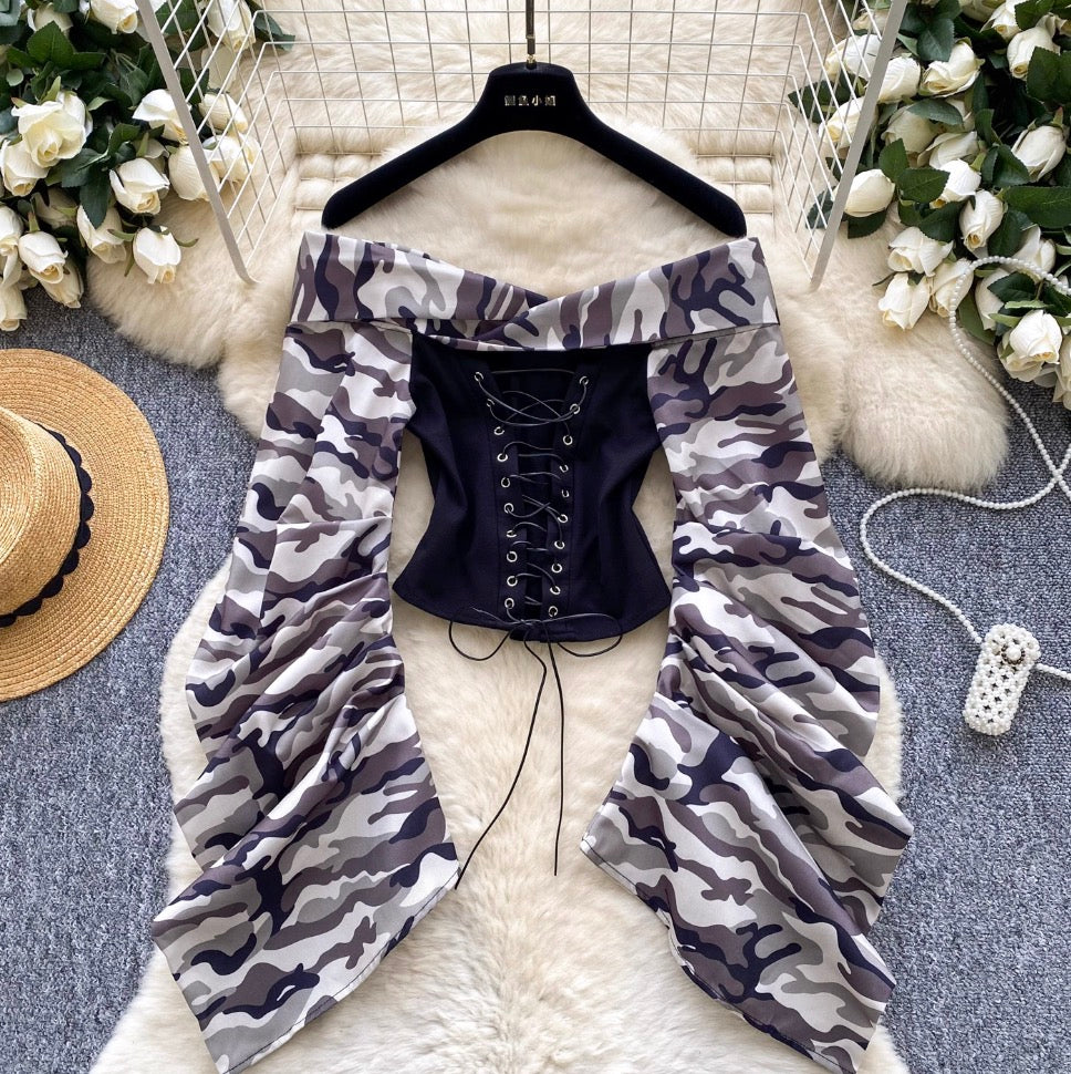 Off-shoulder Camouflage Print Lace-up Top
