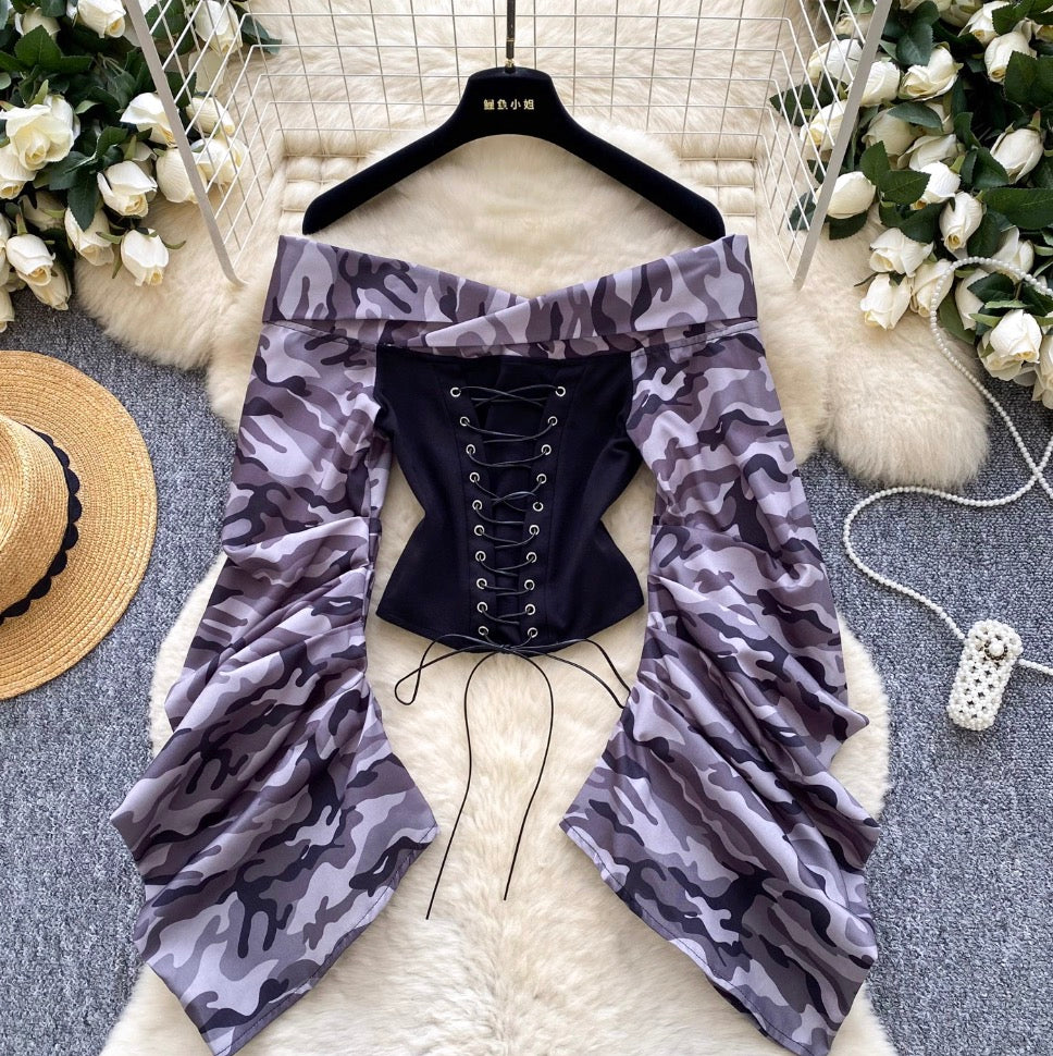 Off-shoulder Camouflage Print Lace-up Top