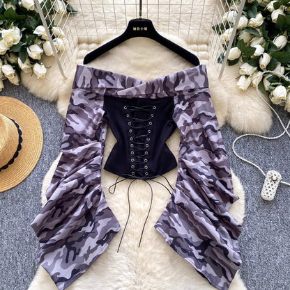 Off-shoulder Camouflage Print Lace-up Top