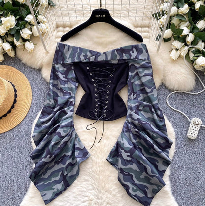 Off-shoulder Camouflage Print Lace-up Top