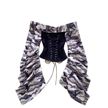 Off-shoulder Camouflage Print Lace-up Top