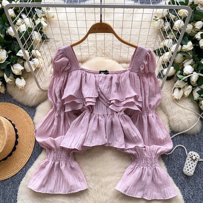 Elegant Flared Sleeve Pleated Shirt