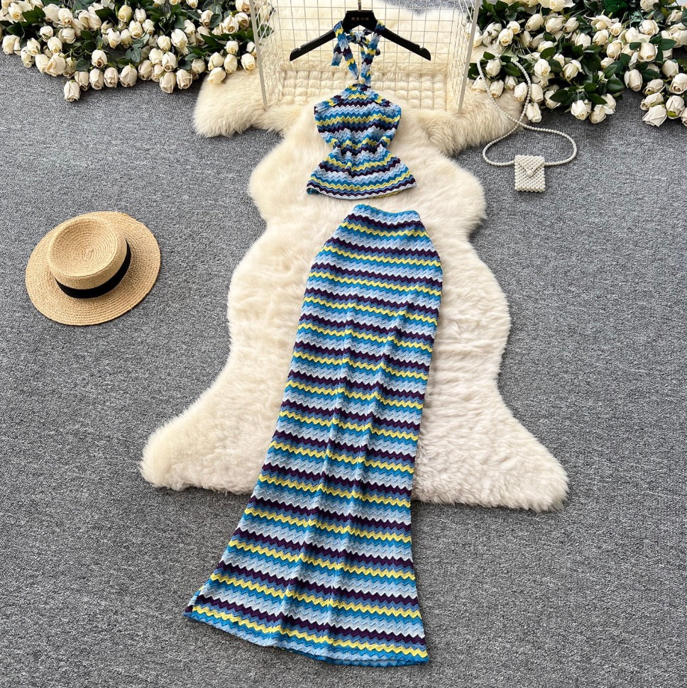 Colorful Striped Camisole & Skirt 2Pcs