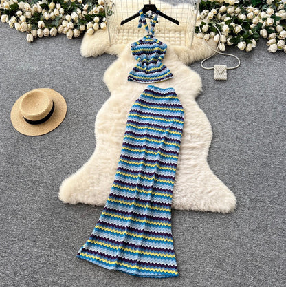 Colorful Striped Camisole & Skirt 2Pcs