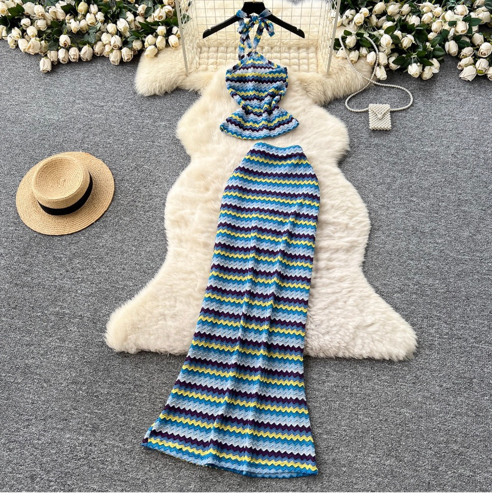 Colorful Striped Camisole & Skirt 2Pcs