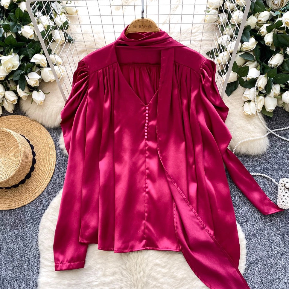 V-neck Satin Shirt with Ribbon