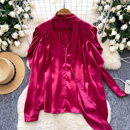 V-neck Satin Shirt with Ribbon