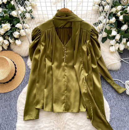 V-neck Satin Shirt with Ribbon