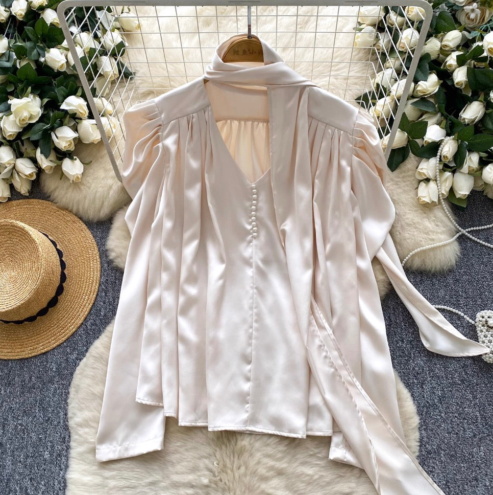 V-neck Satin Shirt with Ribbon