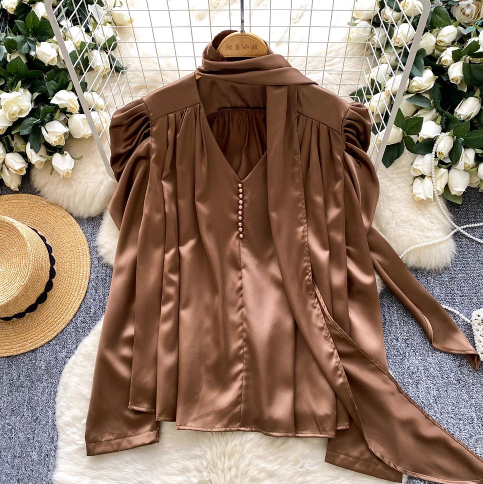 V-neck Satin Shirt with Ribbon