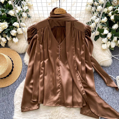 V-neck Satin Shirt with Ribbon