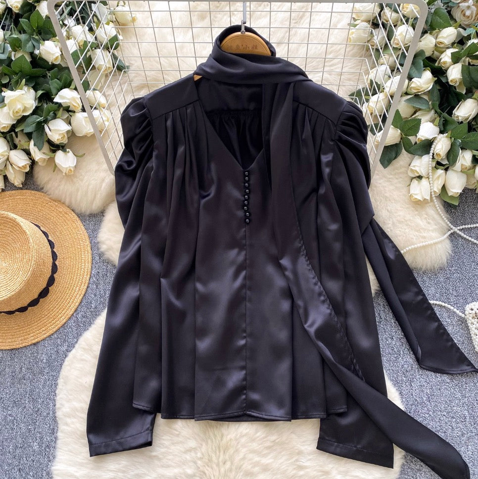 V-neck Satin Shirt with Ribbon