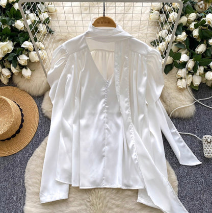 V-neck Satin Shirt with Ribbon
