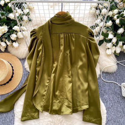V-neck Satin Shirt with Ribbon