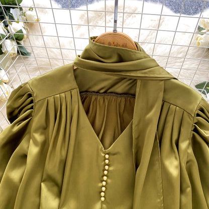 V-neck Satin Shirt with Ribbon