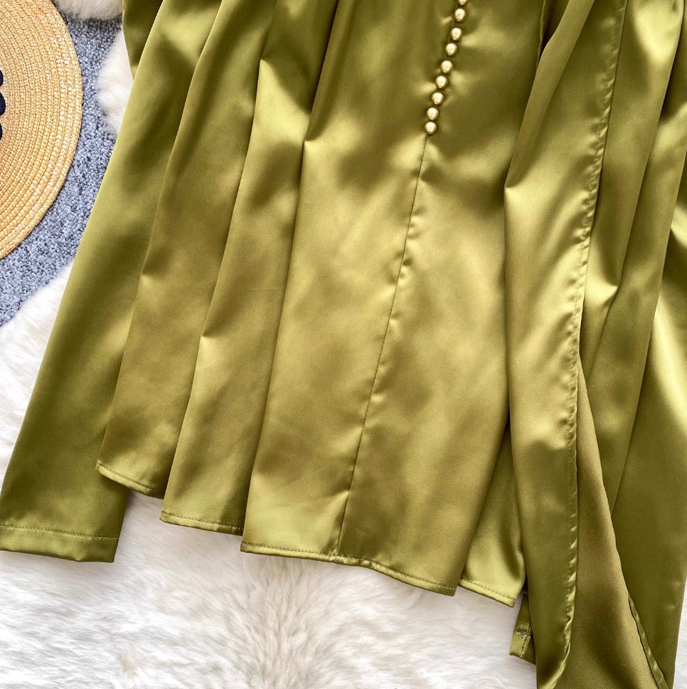 V-neck Satin Shirt with Ribbon