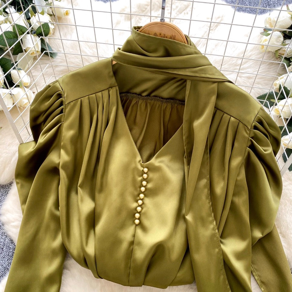 V-neck Satin Shirt with Ribbon