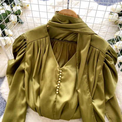 V-neck Satin Shirt with Ribbon