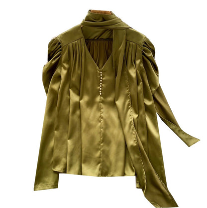 V-neck Satin Shirt with Ribbon