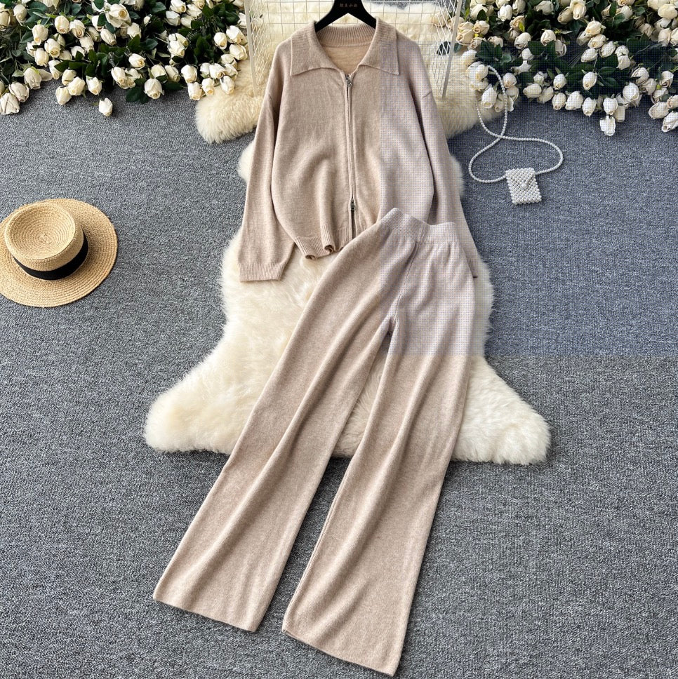 Polo Cardigan & Knit Trousers 2Pcs