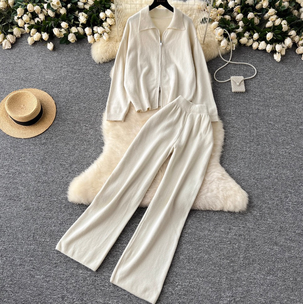 Polo Cardigan & Knit Trousers 2Pcs