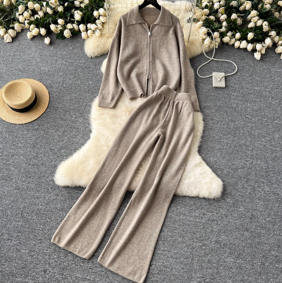 Polo Cardigan & Knit Trousers 2Pcs