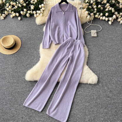 Polo Cardigan & Knit Trousers 2Pcs