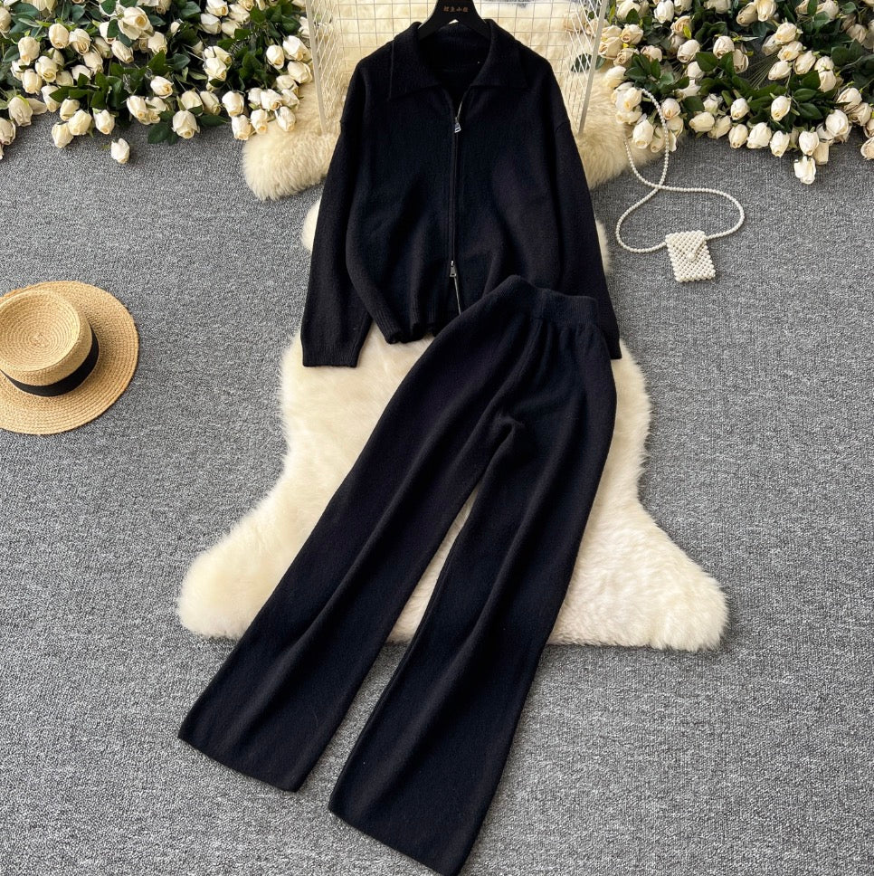 Polo Cardigan & Knit Trousers 2Pcs
