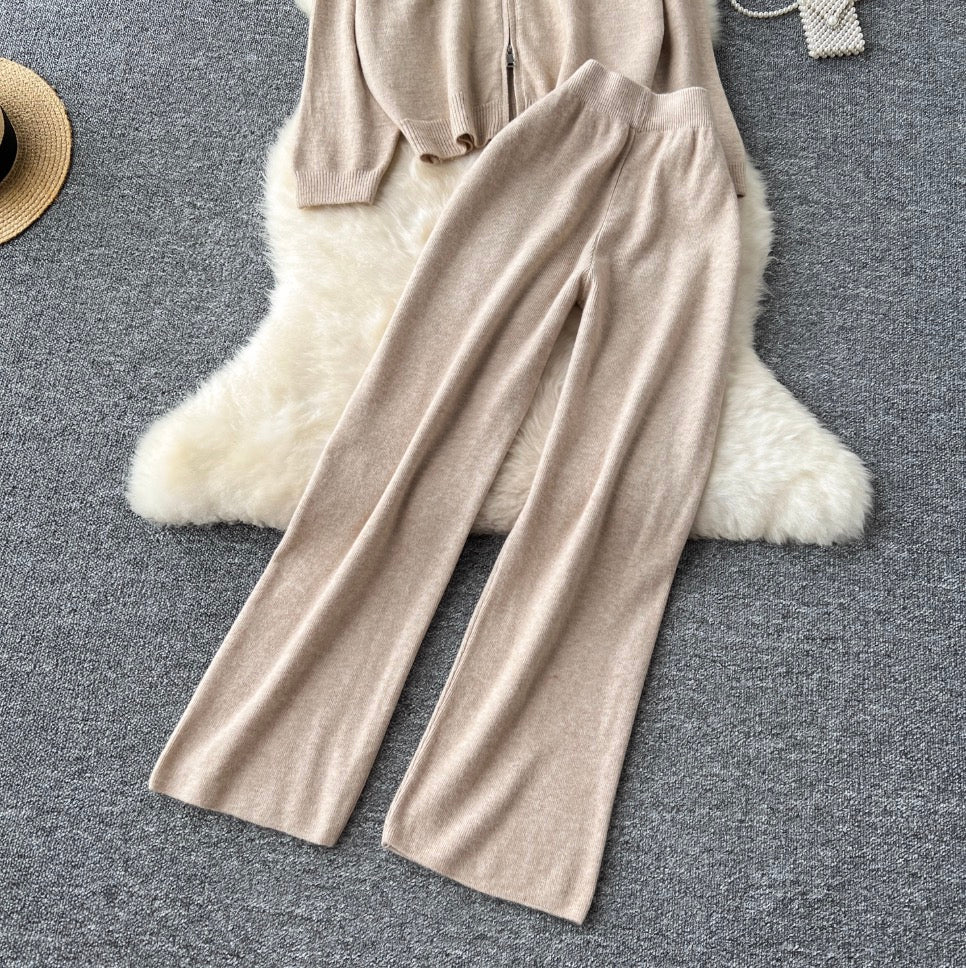 Polo Cardigan & Knit Trousers 2Pcs