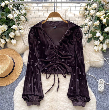 Vintage Lace-up Suede Print Top