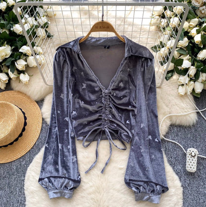 Vintage Lace-up Suede Print Top