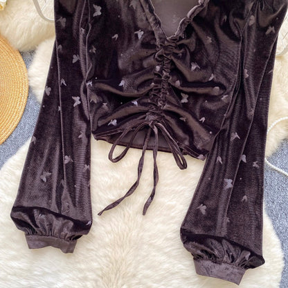 Vintage Lace-up Suede Print Top