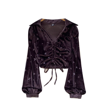 Vintage Lace-up Suede Print Top