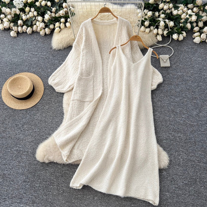 Soft Cardigan & Vest Dress 2Pcs