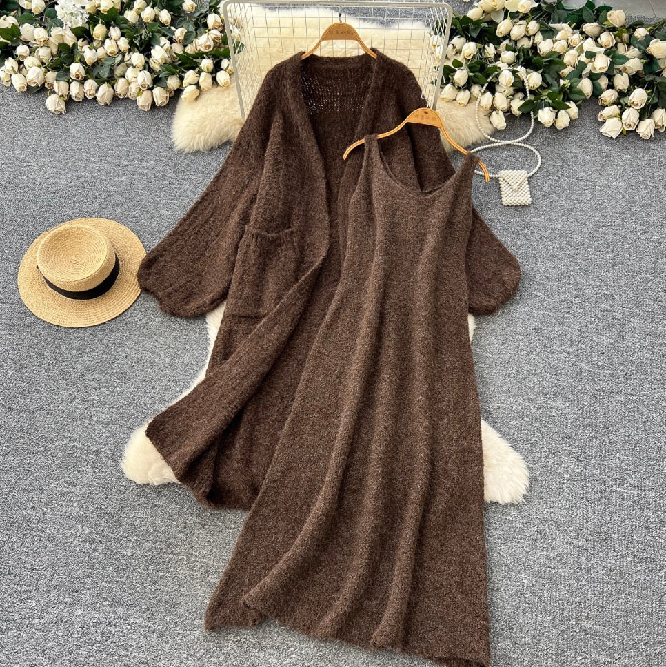 Soft Cardigan & Vest Dress 2Pcs