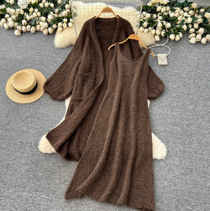 Soft Cardigan & Vest Dress 2Pcs