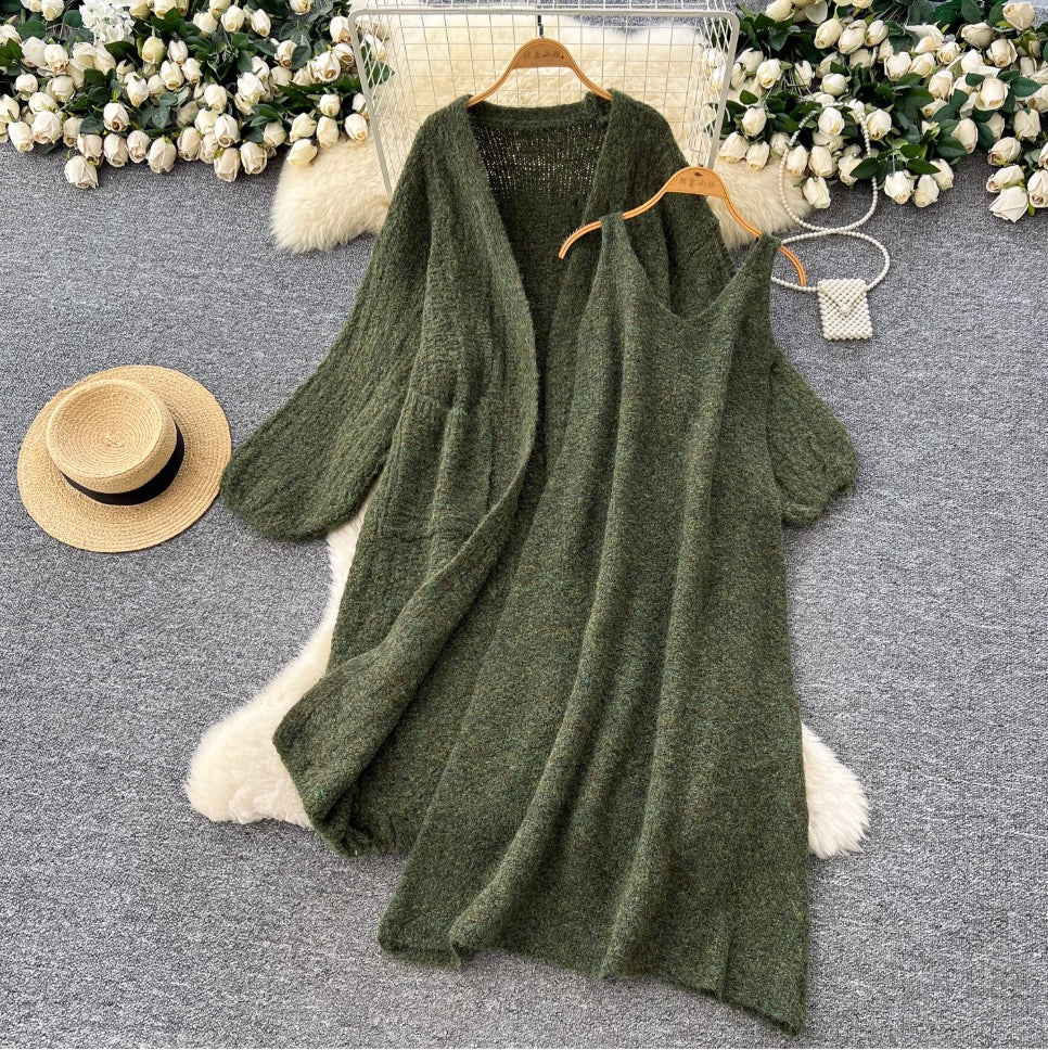 Soft Cardigan & Vest Dress 2Pcs