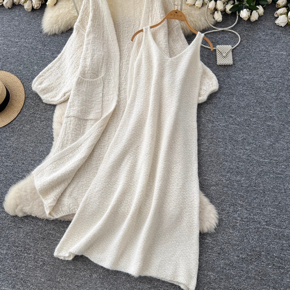 Soft Cardigan & Vest Dress 2Pcs