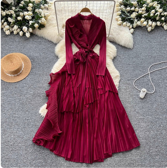 Suit Collar Lace-up Ruffled Dress