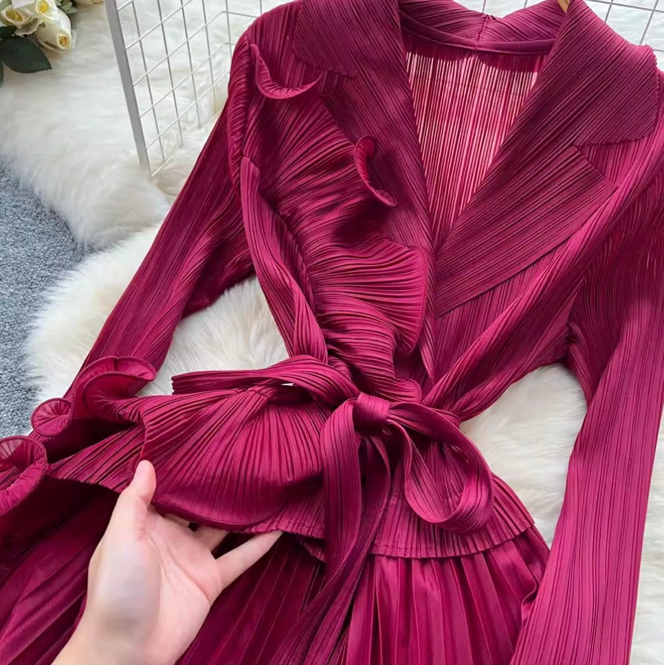 Suit Collar Lace-up Ruffled Dress