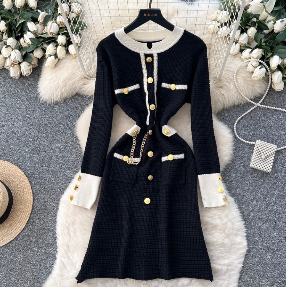 Metal Button Color-blocking Tweed Dress