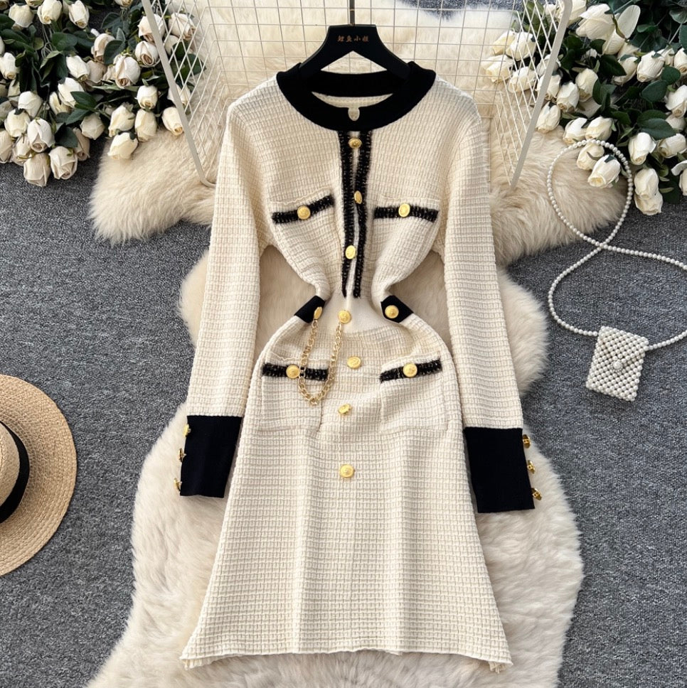 Metal Button Color-blocking Tweed Dress