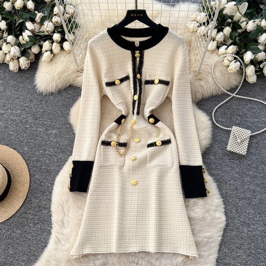 Metal Button Color-blocking Tweed Dress