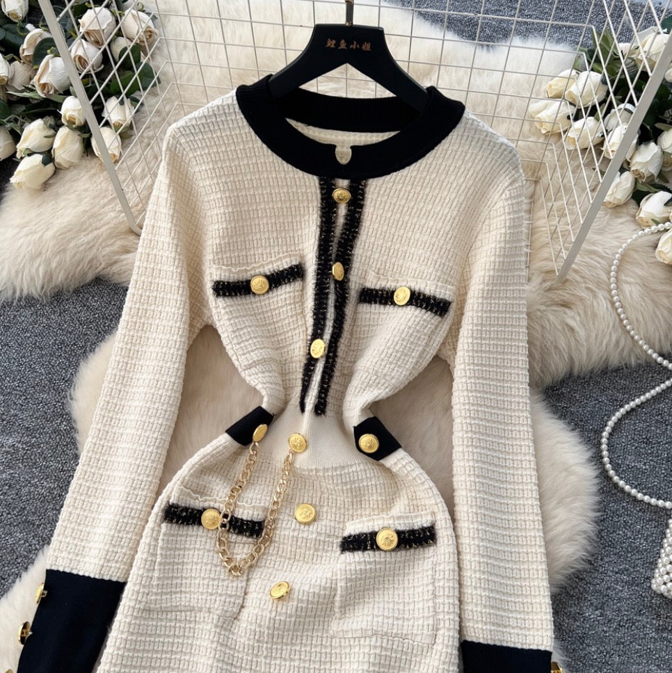 Metal Button Color-blocking Tweed Dress