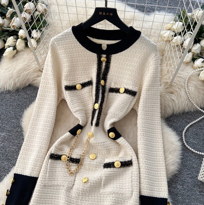 Metal Button Color-blocking Tweed Dress