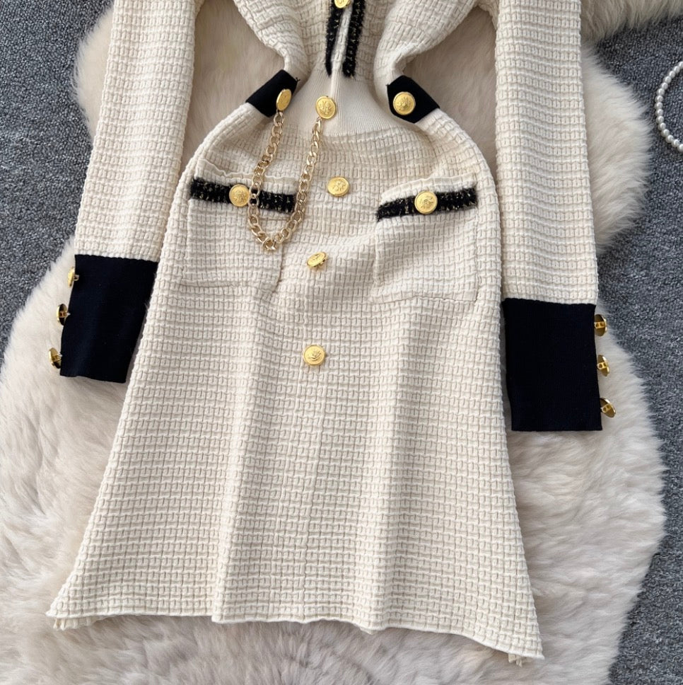Metal Button Color-blocking Tweed Dress