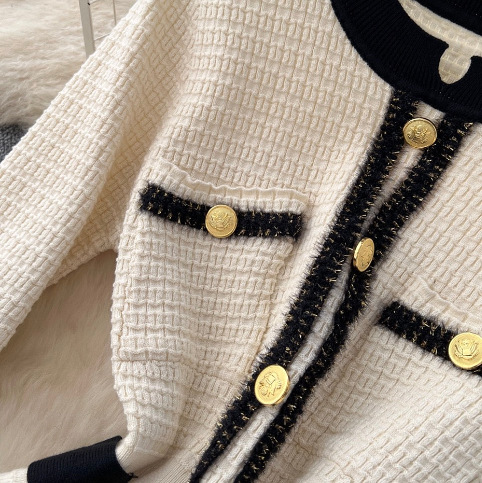 Metal Button Color-blocking Tweed Dress
